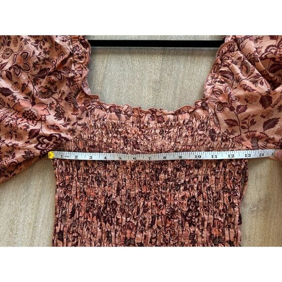 Free People Smock It To Me Mini Dress in Apricot Combo Medium Balloon Sleeve - Picture 6 of 9